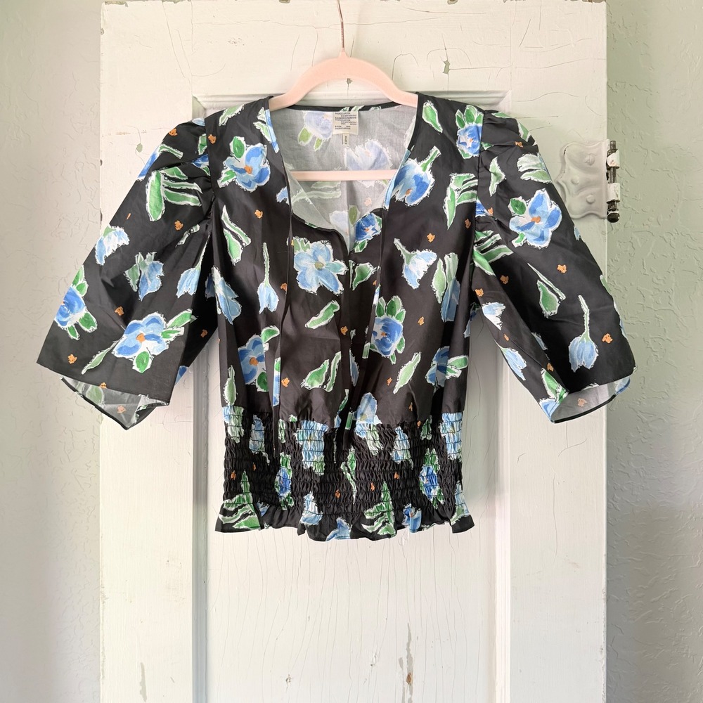 Baum und Pferdgarten Black Floral Puff Sleeve Smocked Cotton Blouse Top 38 M